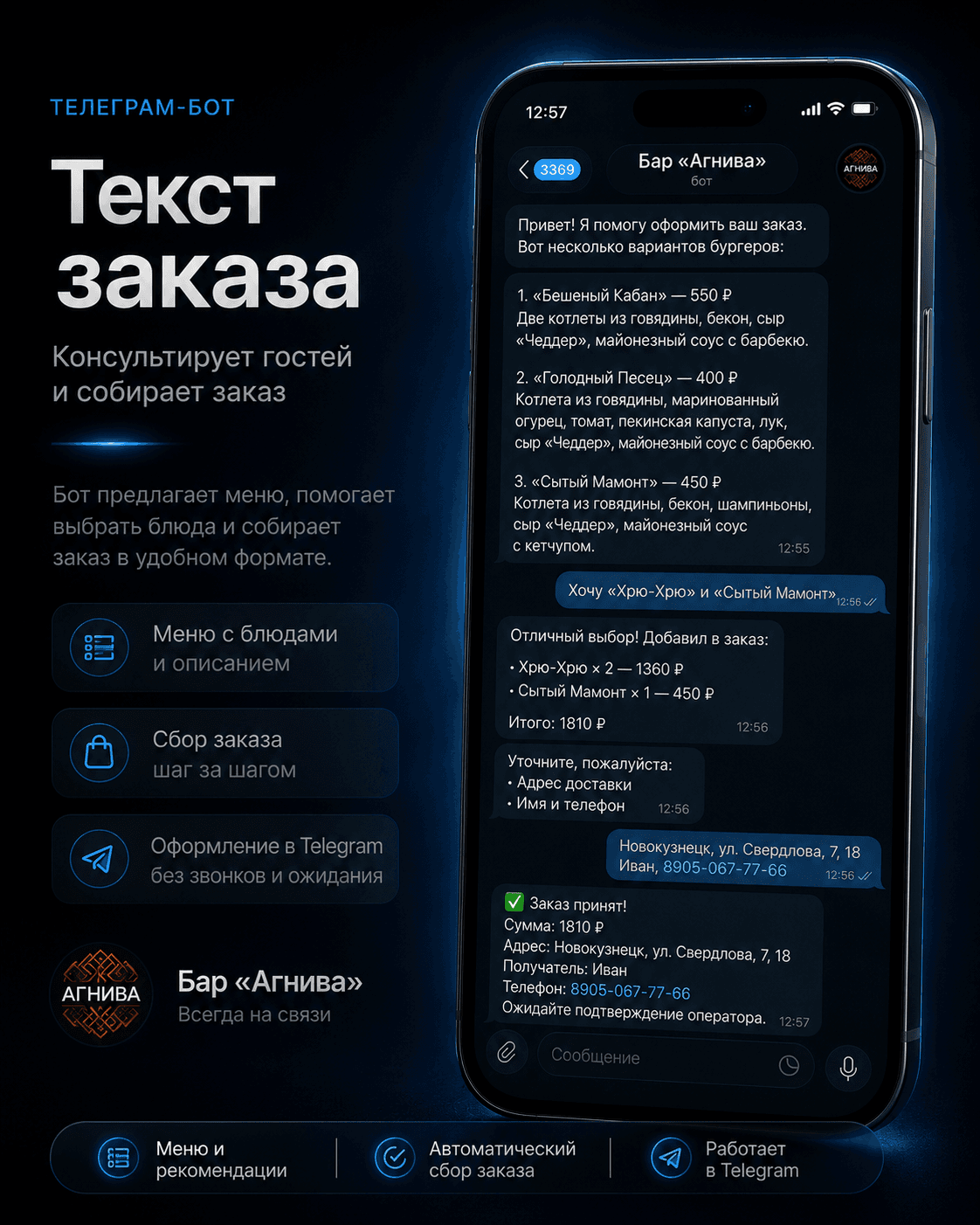 Новая заявка для администратора бара Агнива